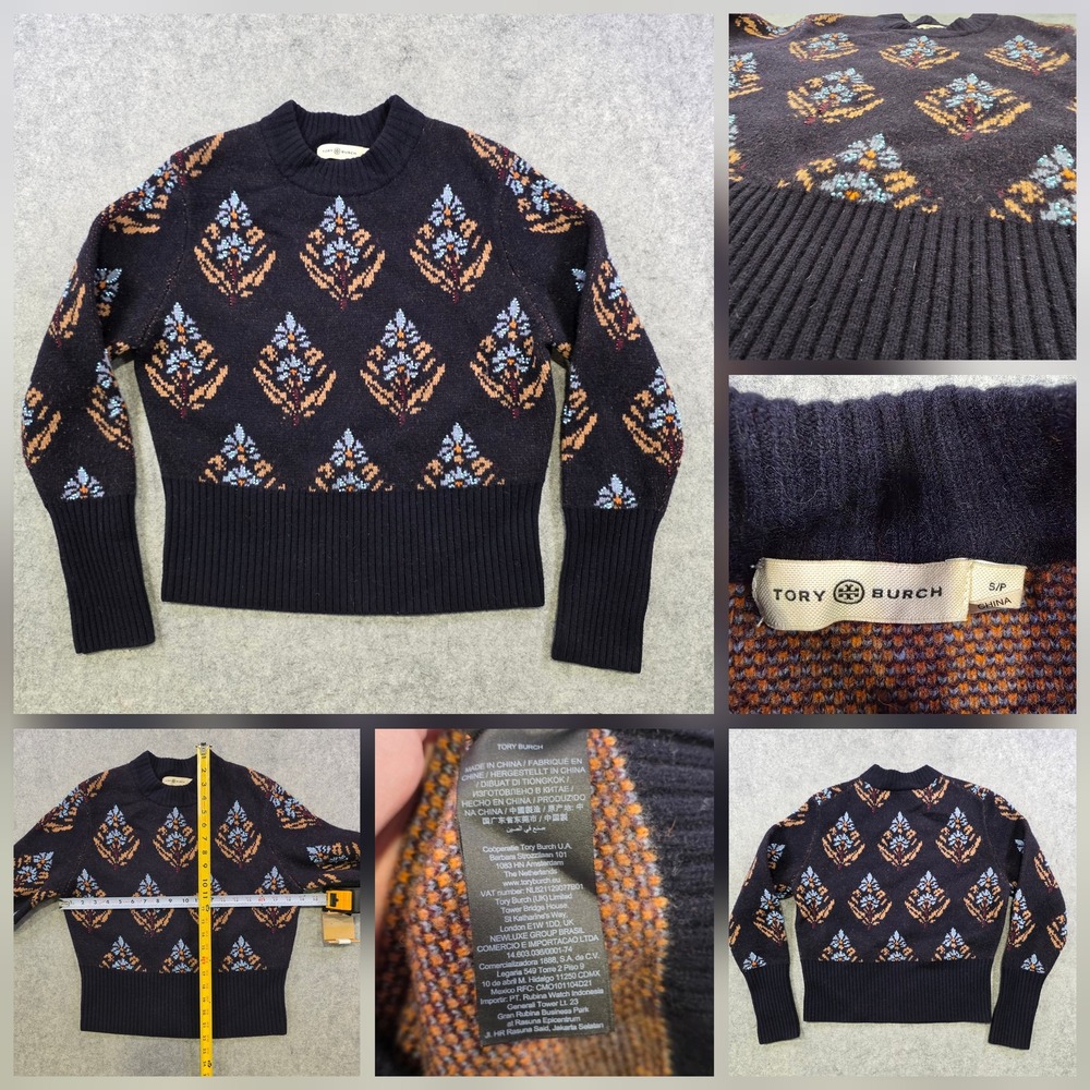 Tory Burch Sweater Womens Small Black Wool Beaded Floral Crewneck Pullover Knit